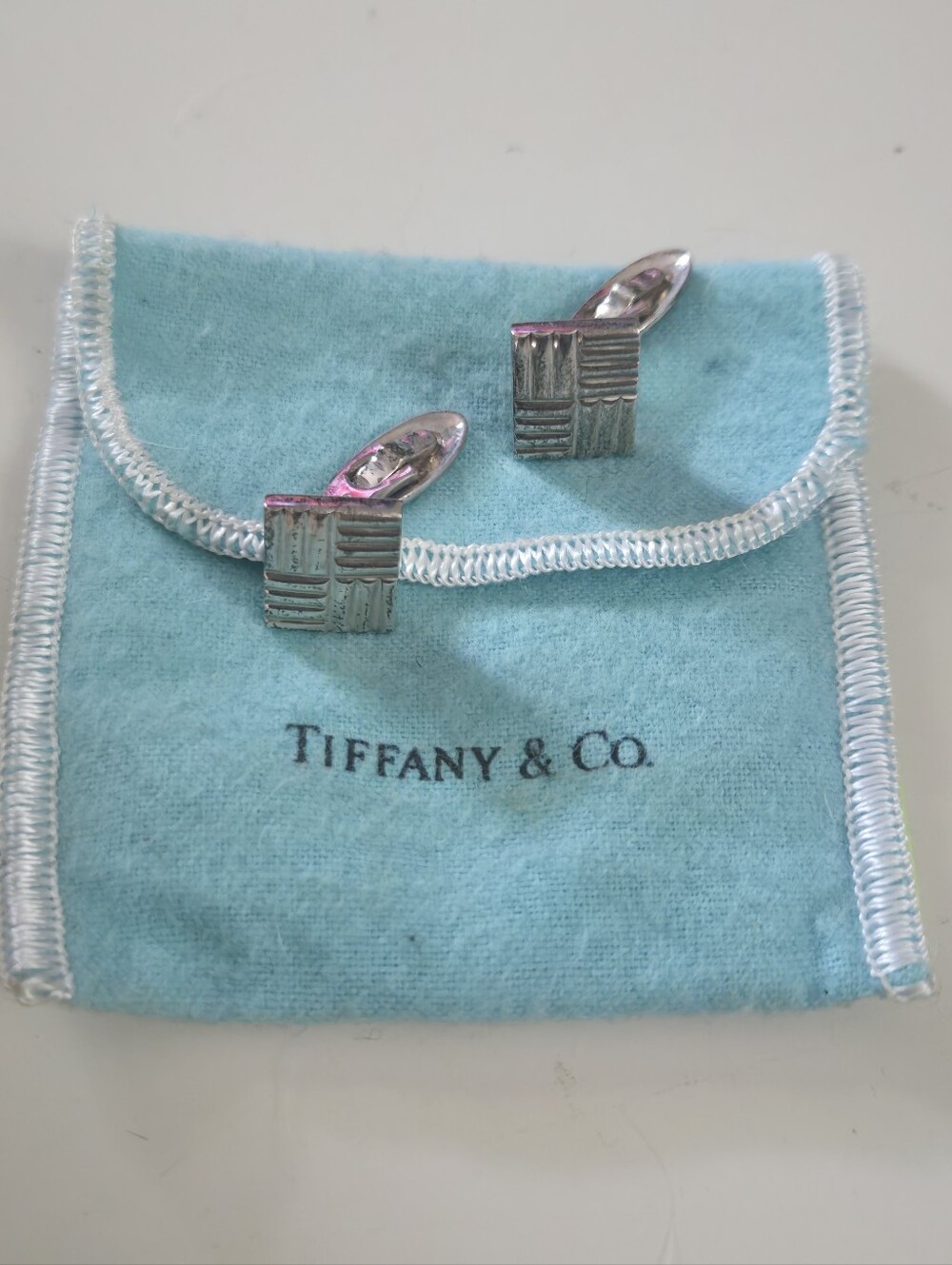 Tiffany & Co. Sterling Silver Textured Square Cufflinks with Blue Pouch